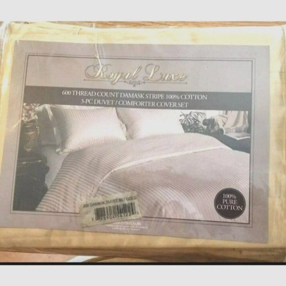 Royal Luxe Duvet/Comforter Full/Queen 3pc Cover Set 600 Thread Cnt Damask Stripe